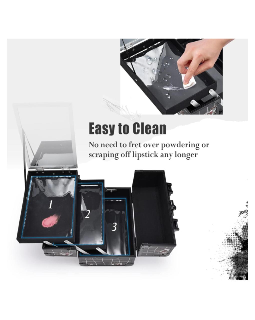 Neceser de maquillaje negro corazones portátil con espejo