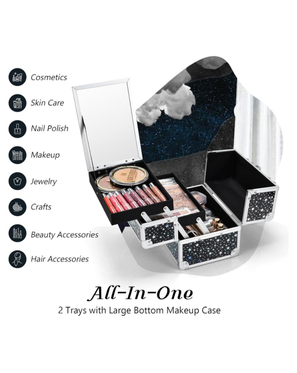 Neceser de maquillaje negro estrellas portatil con espejo